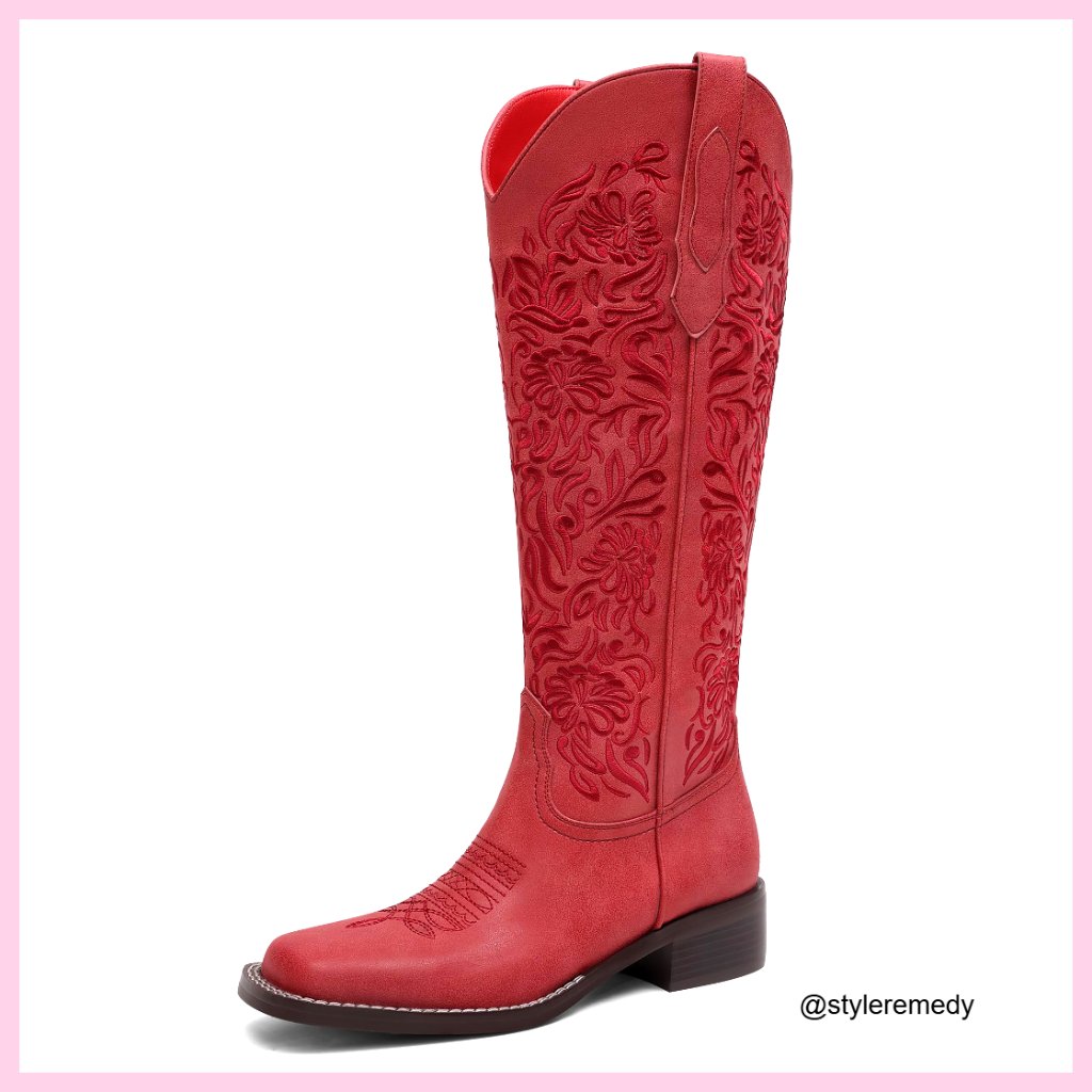 Knee High Embroidered Cowboy Boots Low Block Heel Square Toe Western